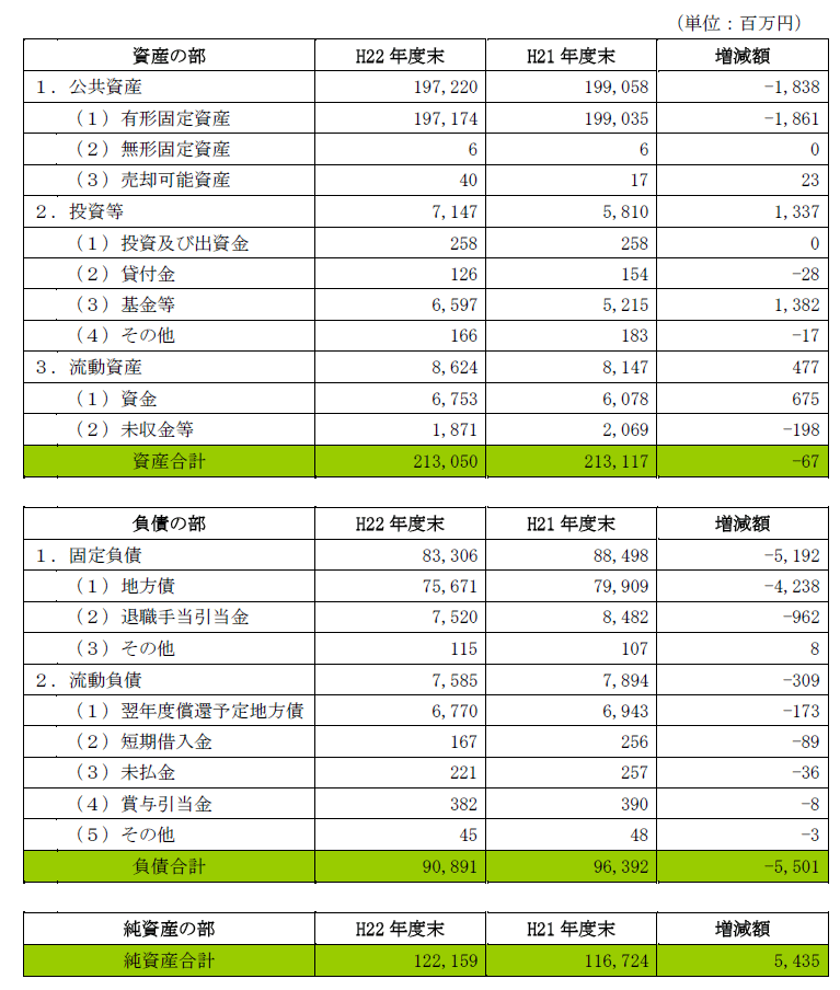 (1)雲南市貸借対照表（バランスシート）（Ｈ21年度との比較を含む。）