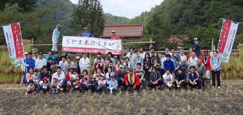 親子で稲刈り体験に参加したみなさんの写真