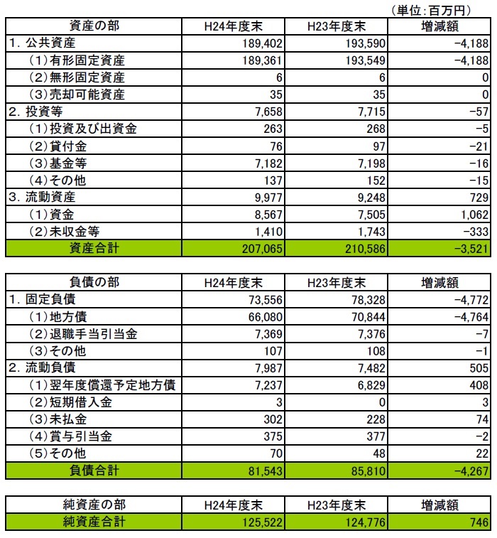 雲南市貸借対照表（バランスシート）（Ｈ22年度との比較を含む。）