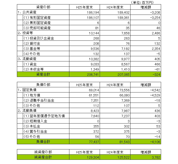 雲南市賃借対照表（バランスシート）（Ｈ24年度との比較を含む。）