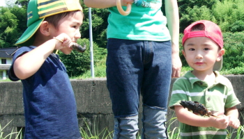 川遊びを終え、鮎の塩焼きにかぶりつく子ども