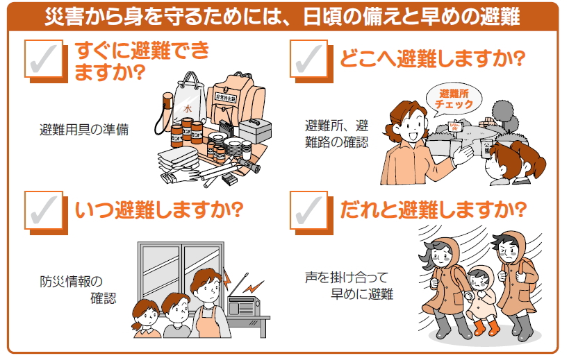 災害から身を守るためには、日頃の備えと早めの避難