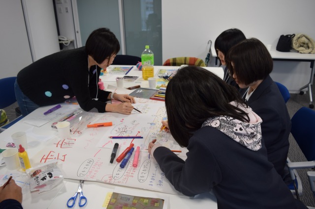 社会人コーディネーターの川和真紀(かわわまき)さん（左）と高校生の企画検討の様子